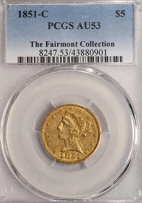 Half Eagle. 1851-C Charlotte $5 gold coin. PCGS AU53, ex Fairmont.