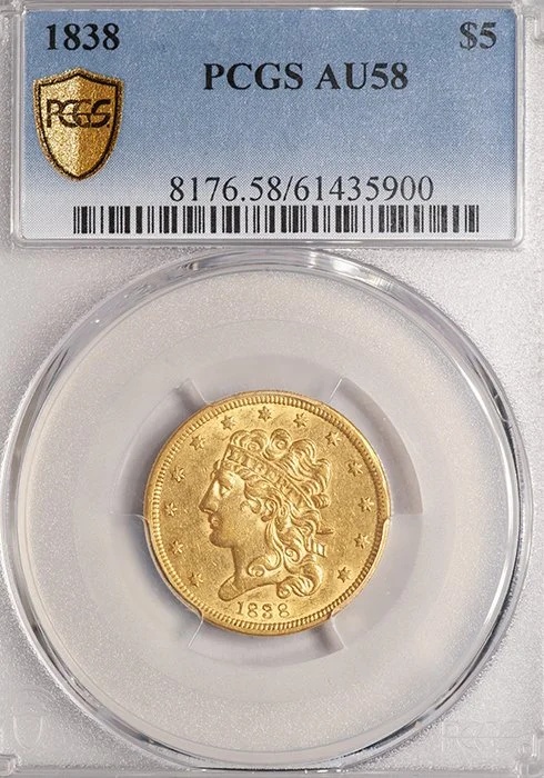 Half Eagle. 1838 $5 gold coin. PCGS AU58.