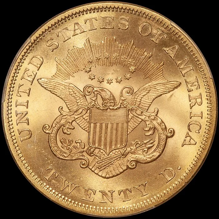 Double Eagle. 1860 $20 gold coin. PCGS MS64 CAC.