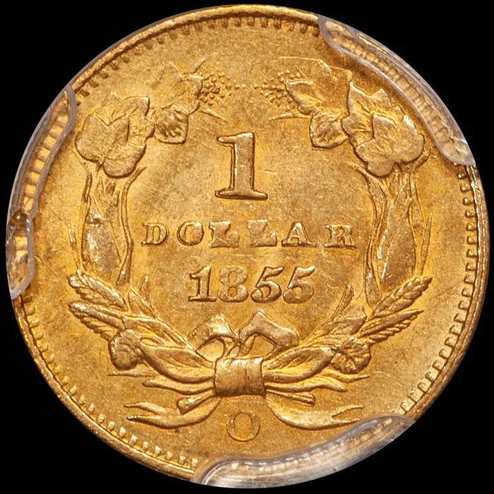 Gold Dollar. 1855-O New Orleans $1 gold coin. PCGS MS61 CAC.