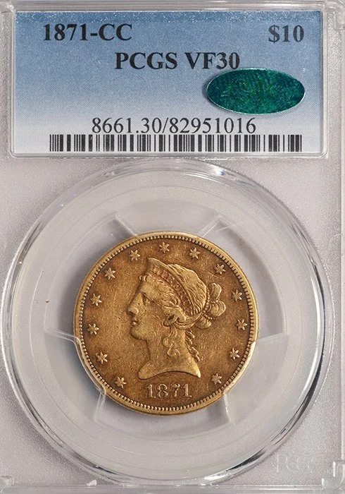 Eagle. 1871-CC Carson City $10 gold coin. PCGS VF30 CAC.