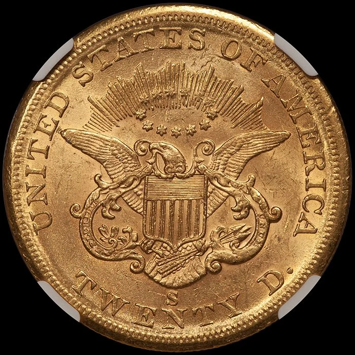 Double Eagle. 1859-S San Francisco $20 gold coin. NGC AU58.