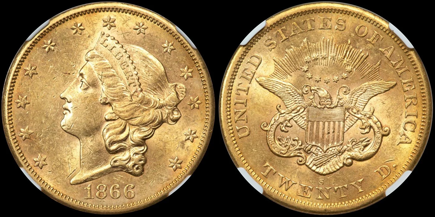 LOT 3425: 1866-S No Motto $20.00, NGC MS61, courtesy of Heritage