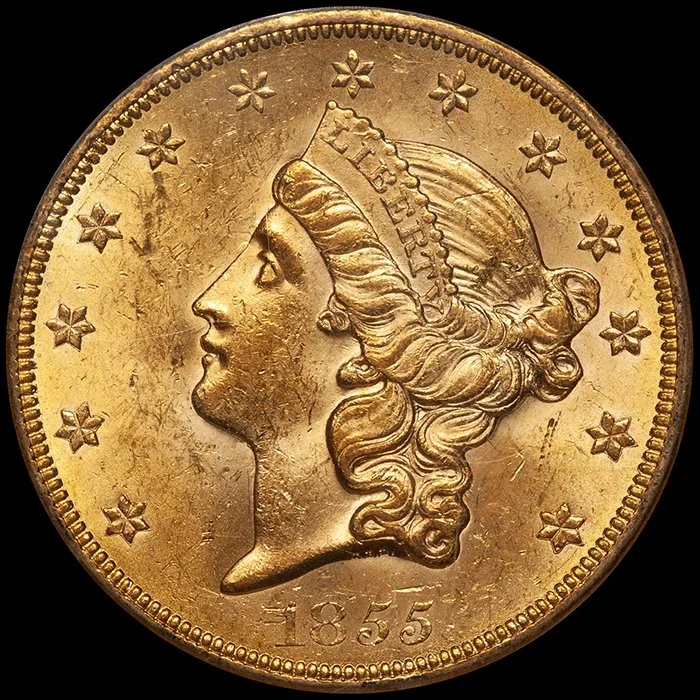 Double Eagle. 1855 $20 gold coin. PCGS MS61 CAC. (Copy)