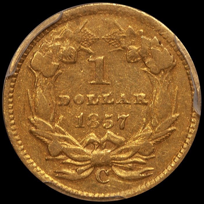 Gold Dollar. 1857-C Charlotte $1 gold coin. PCGS EF45.