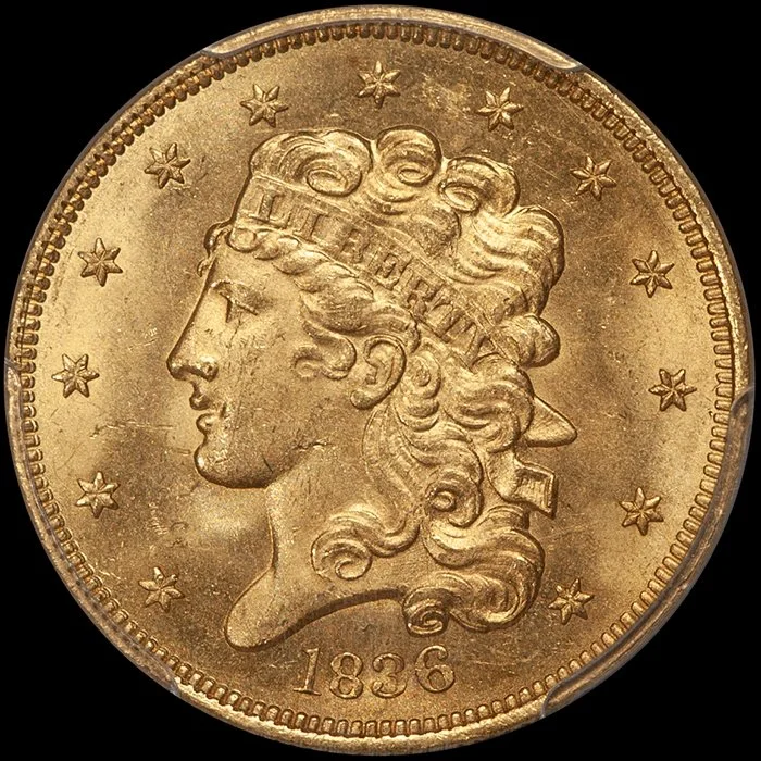 Half Eagle. 1836 $5.00 gold coin. PCGS MS64 CAC.