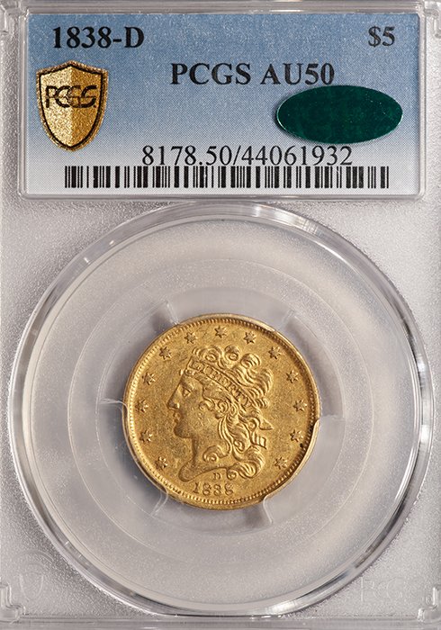 Half Eagle. 1838-D Dahlonega $5 gold coin. PCGS AU50 CAC.