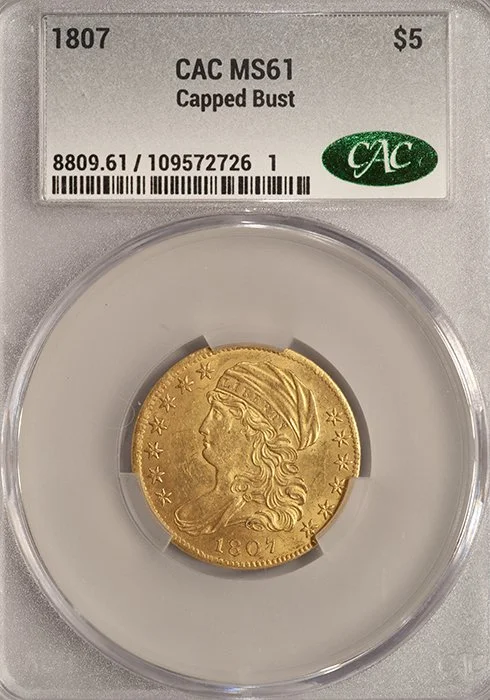 Half Eagle. 1807 Capped Bust Left $5 gold coin. CACG MS61. |