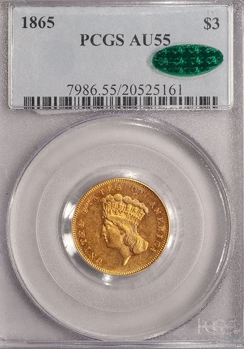 Three Dollars. 1865 $3 gold coin. PCGS AU55 CAC.