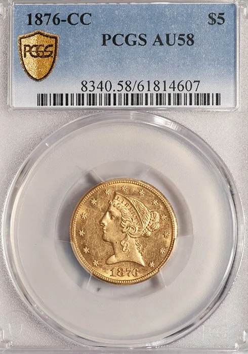 Half Eagle. 1876-CC Carson City $5.00 gold coin. PCGS AU58.