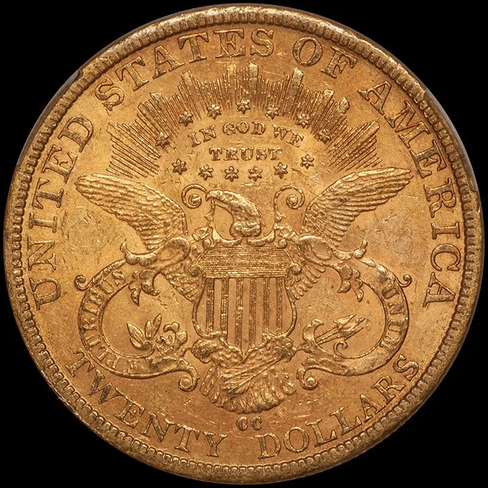 Double Eagle. 1884-CC Carson City $20 gold coin. CACG AU58.