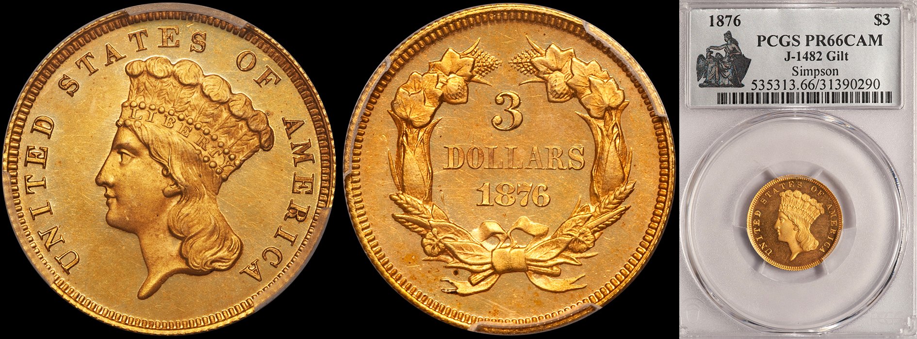 Three Dollars. 1871 J-1482 Pattern $3 gold coin. Gilt. PCGS PR66CAM.