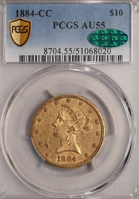 Eagle. 1884-CC Carson City $10 gold coin. PCGS AU55 CAC.
