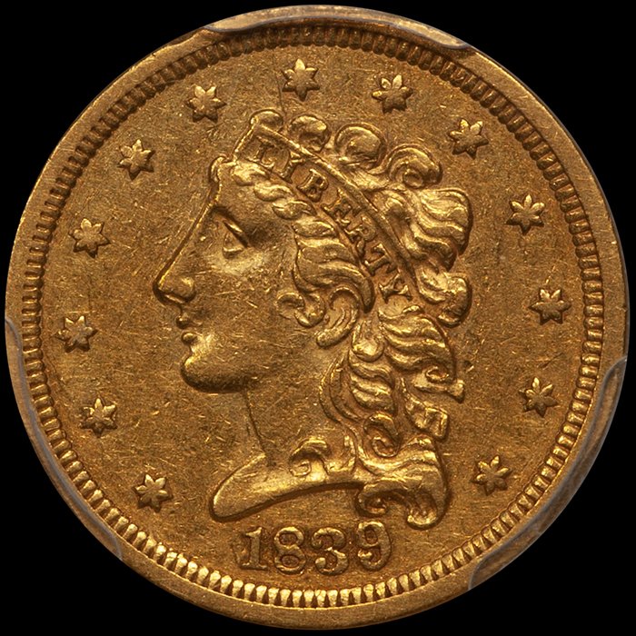 Quarter Eagle. 1839 $2.50 gold coin. PCGS EF45.