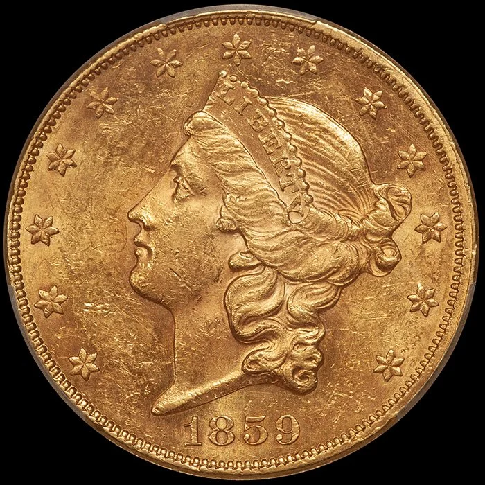 Double Eagle. 1859 $20 gold coin. PCGS MS60.