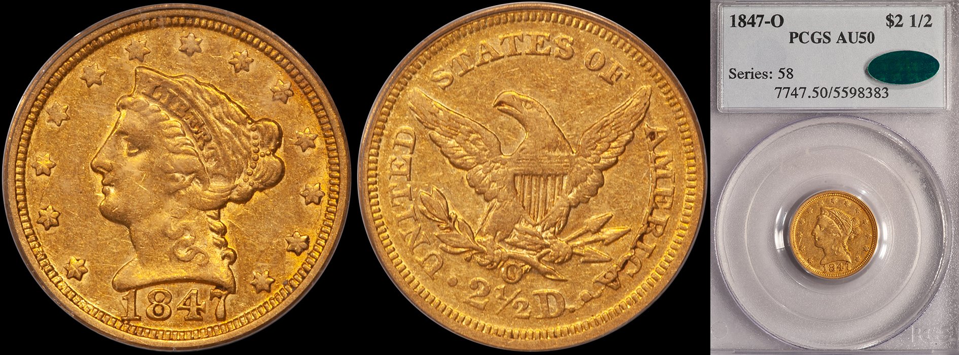 Quarter Eagle. 1847-O New Orleans $2.50 gold coin. PCGS AU50 CAC