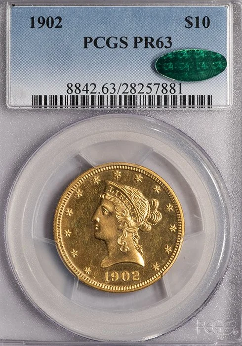 Eagle. 1902 Proof $10 gold coin. PCGS PR63 CAC.