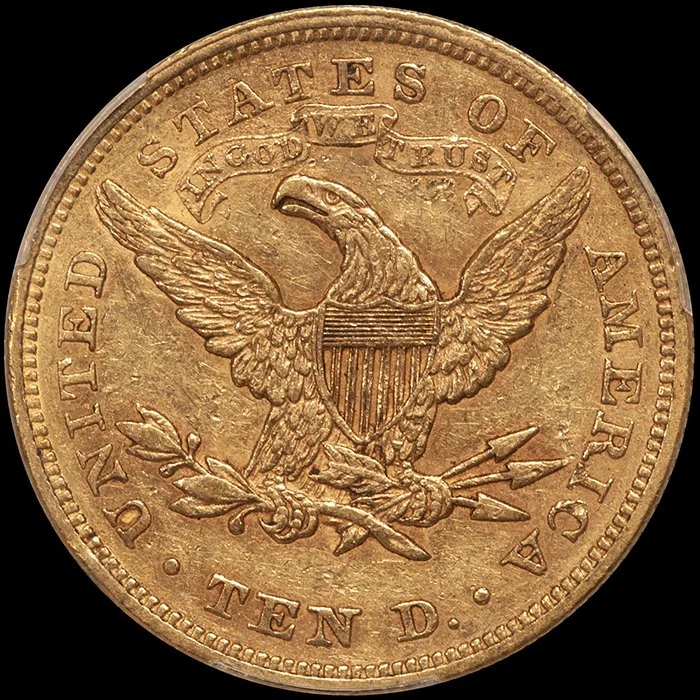 Eagle. 1866 Motto $10 gold coin. PCGS EF45 CAC.