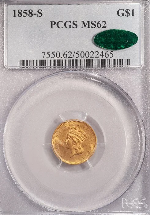 Gold Dollar. 1858-S San Francisco $1 gold coin. PCGS MS62 CAC.