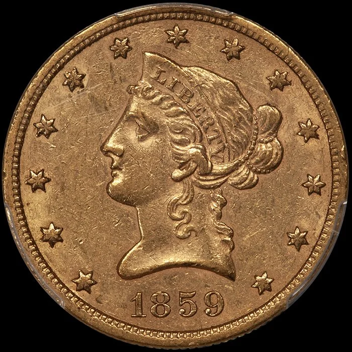 Eagle. 1859-S San Francisco $10 gold coin. PCGS AU55 CAC.