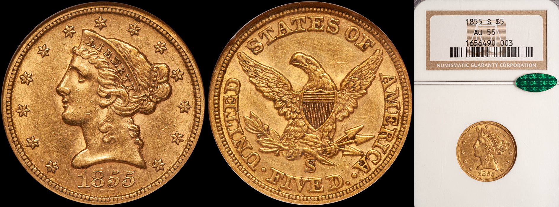 Half Eagle. 1855-S San Francisco $5 gold coin. NGC AU55 CAC.