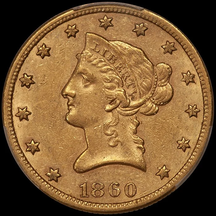 Eagle. 1860-S San Francisco $10 gold coin. PCGS AU55 CAC.
