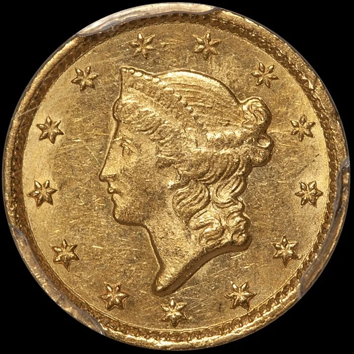 Gold Dollar. 1853-C Charlotte $1 gold coin. PCGS MS61.