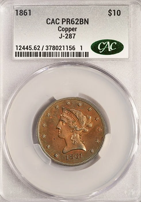 Eagle. 1861 J-287 pattern copper $10 gold coin. PR62BN CACG.