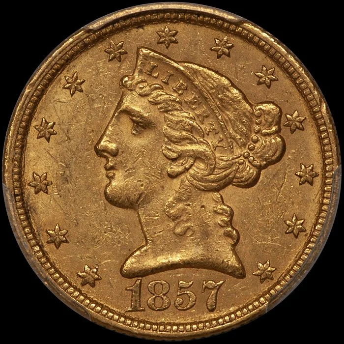 JUST ADDED - $5.00 - 1857-C PCGS MS61 CAC