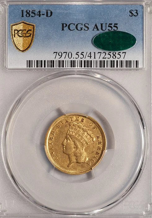 Three Dollars. 1854-D Dahlonega $3 gold coin. PCGS AU55 CAC.