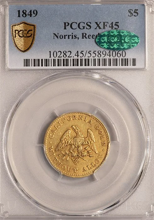Half Eagle. 1849 Norris Greg Norris $5 gold coin. PCGS EF45 CAC.