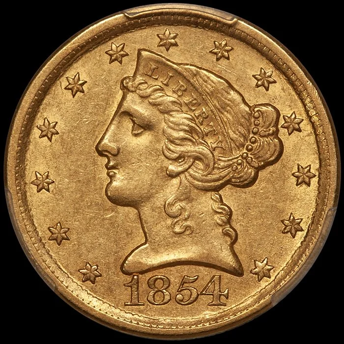 Half Eagle. 1854-D Dahlonega Large D $5.00 gold coin. PCGS AU58 CAC.