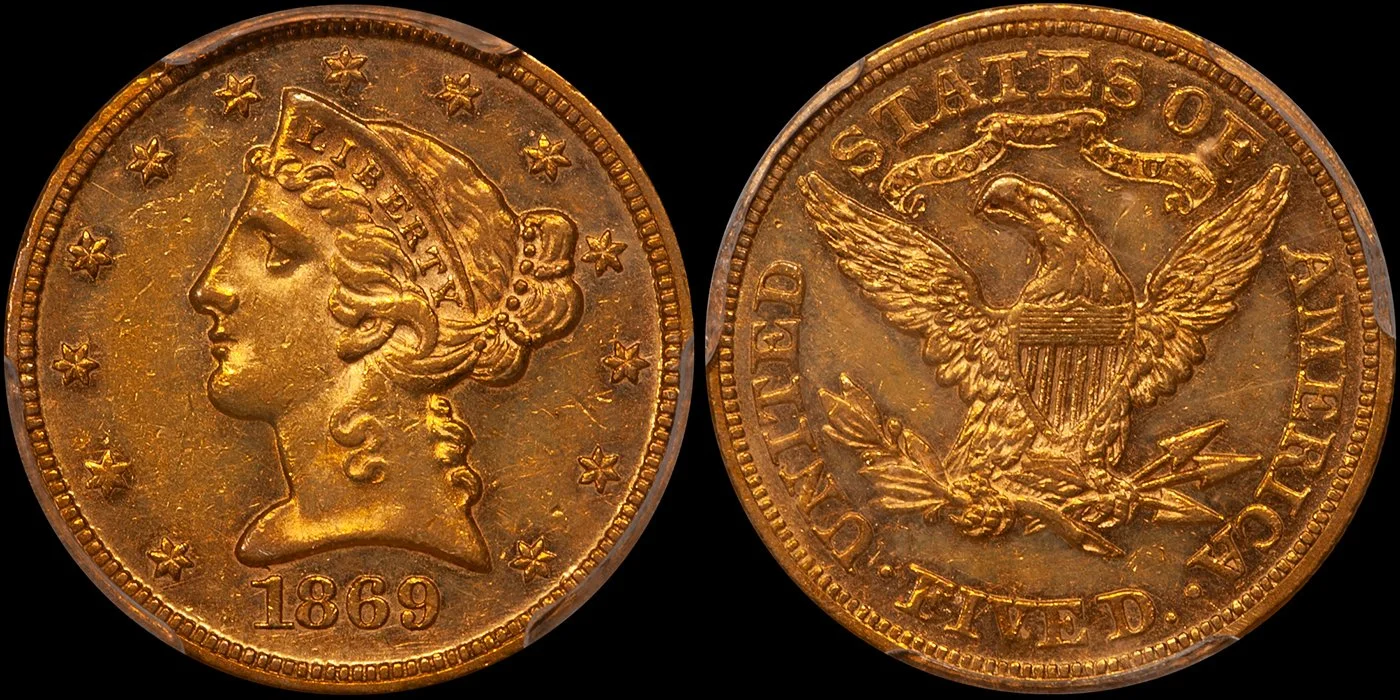 Half Eagle. 1869 $5 gold coin. PCGS AU58.