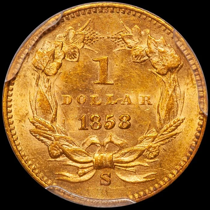 Gold Dollar. 1858-S San Francisco $1 gold coin. PCGS MS62 CAC.