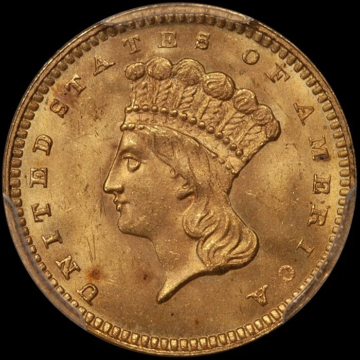 Gold Dollar. 1863 $1.00 gold coin. PCGS MS64+ CAC.