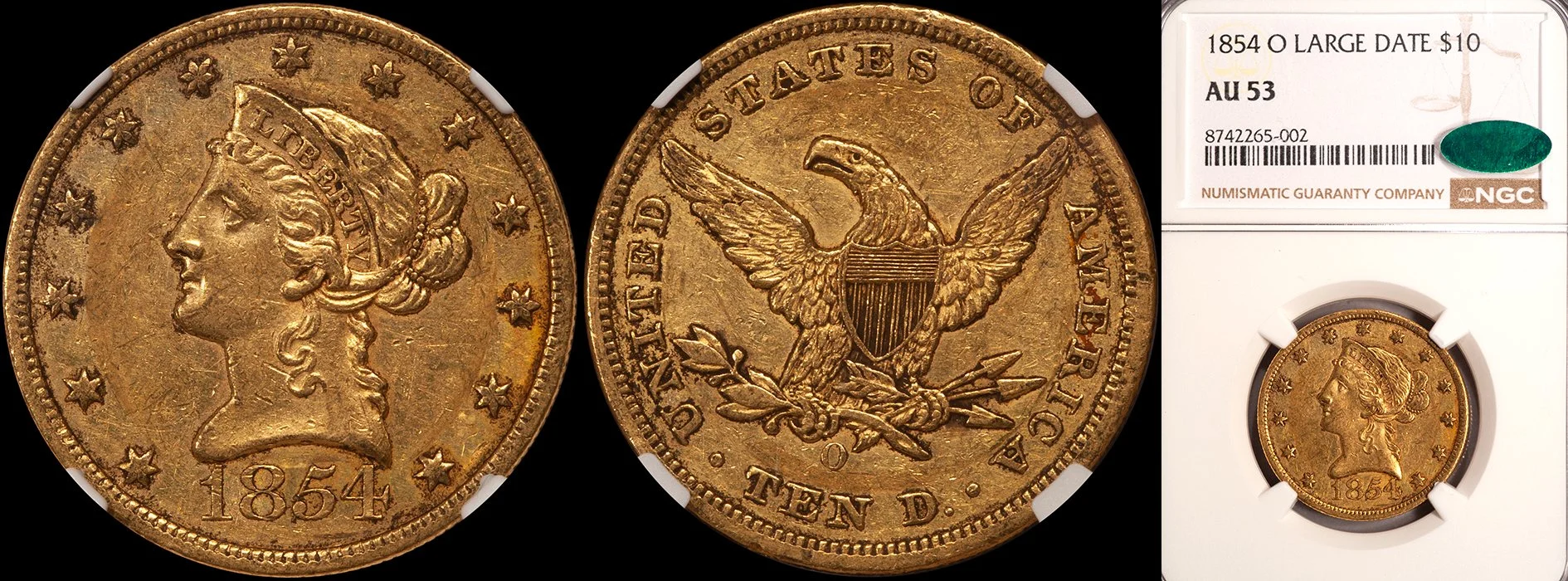 JUST ADDED - $10.00 - 1854-O Large Date NGC AU53 CAC
