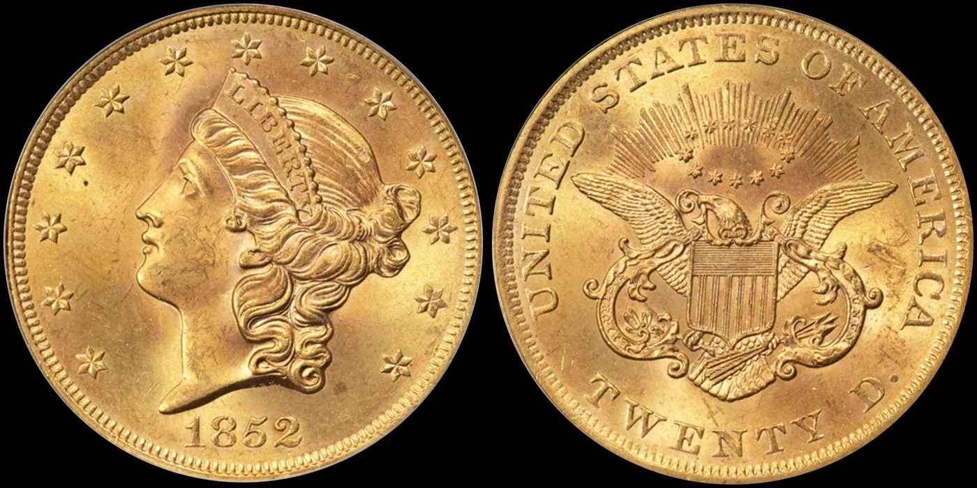 LOT 3369: 1852 $20, PCGS/CAC MS64, courtesy of Heritage