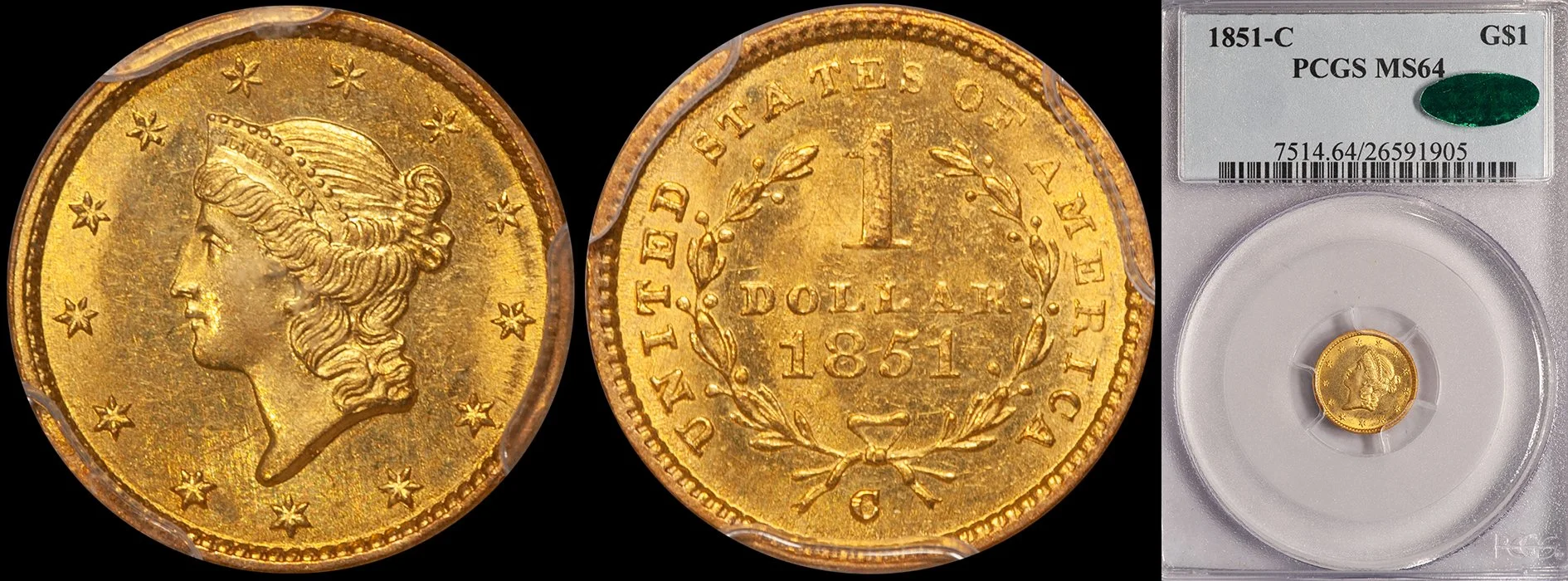 old Dollar. 1851-C Charlotte $1 gold coin. PCGS MS64 CAC.