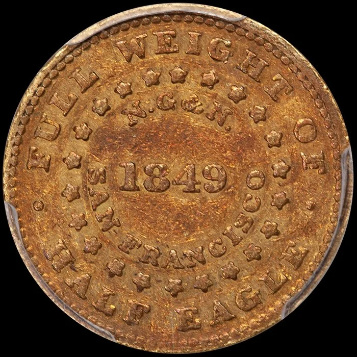 Half Eagle. 1849 Norris, Reeded Edge, $5.00 gold coin. PCGS EF45.