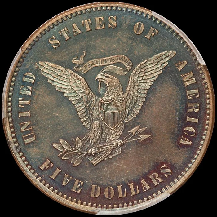 Half Eagle. Pattern 1860 $5.00 coin. J-272. PCGS PR64+RB CAC. Ex Simpson.