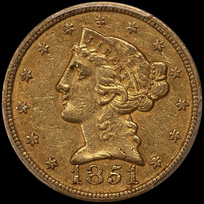 Half Eagle. 1851-C Charlotte $5 gold coin. PCGS AU53, ex Fairmont.