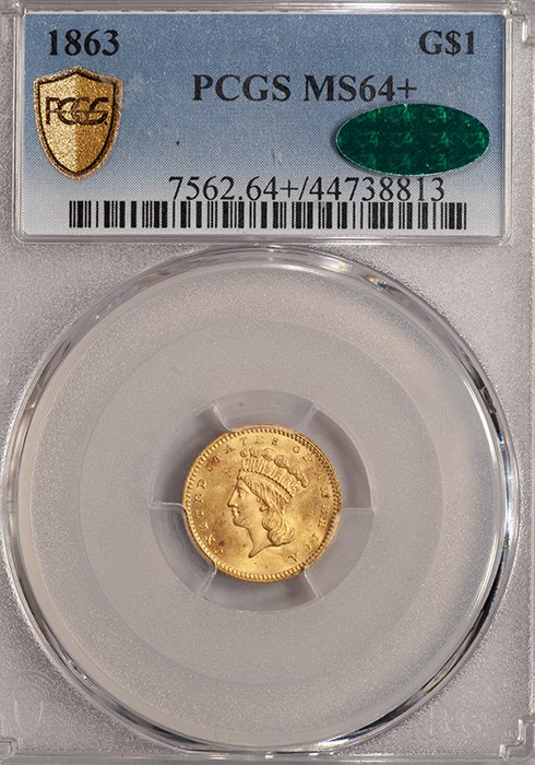 Gold Dollar. 1863 $1.00 gold coin. PCGS MS64+ CAC.