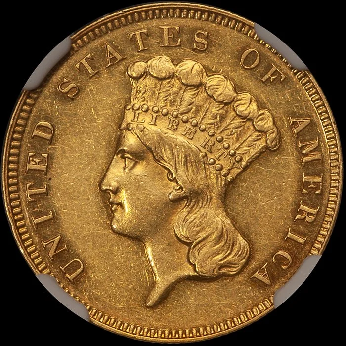 Three Dollars. 1866 $3 gold coin. NGC PR58 CAC.
