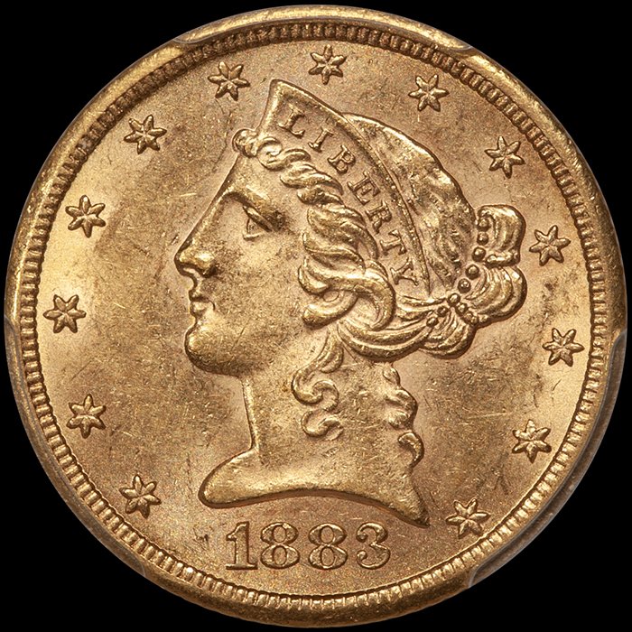 Half Eagle. 1883-CC Carson City $5 gold coin. PCGS MS62.
