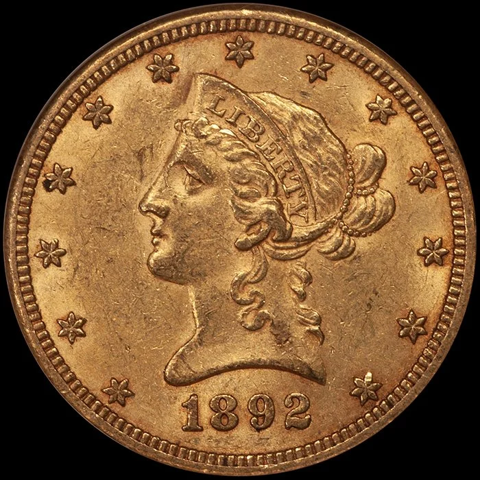 Eagle. 1892-CC Carson City $10 gold coin. NGC AU58 CAC.