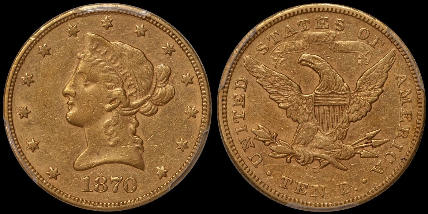 Eagle. 1870-CC Carson City $10 gold coin. PCGS AU50 CAC. Ex DWN.