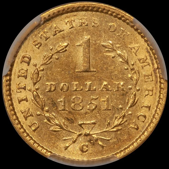 Gold Dollar. 1851-C Charlotte $1.00 gold coin. CACG MS61.