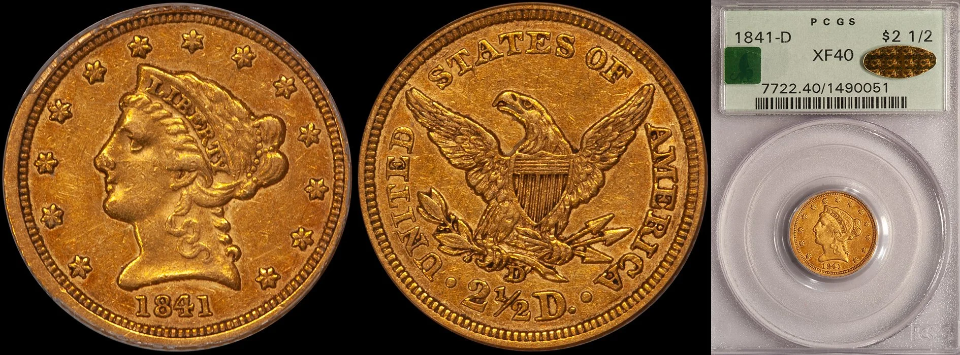 ON HOLD - $2.50 - 1841-D PCGS EF40, CAC Gold, OGH