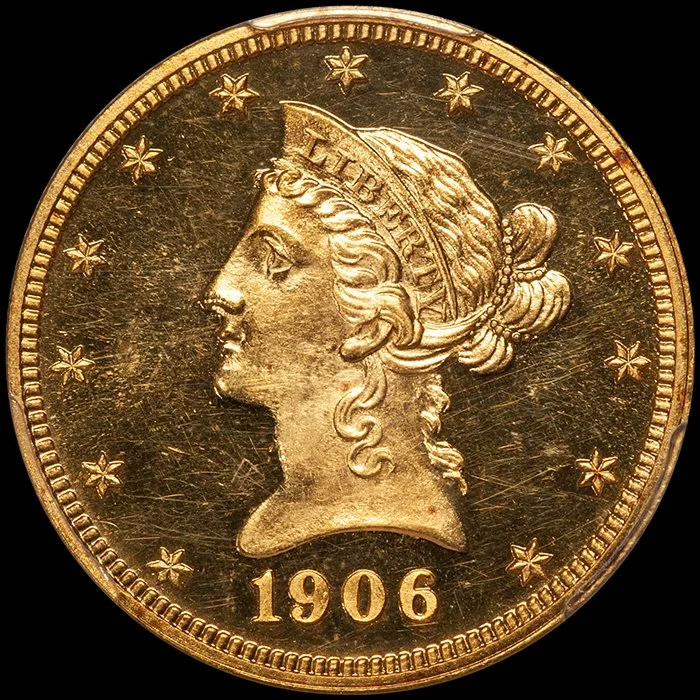 Eagle. 1906 $10 gold coin. PCGS PR64CAM CAC.