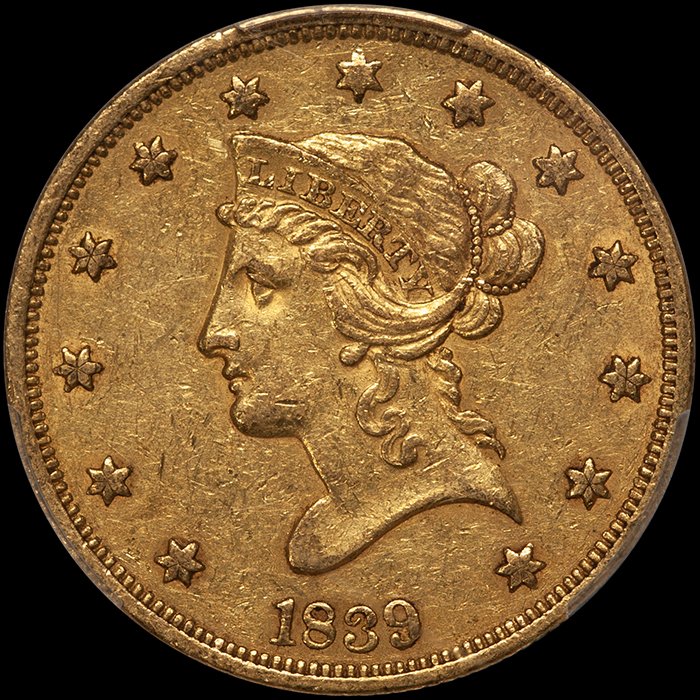 Eagle. 1839/8, Type of 1838 $10 gold coin. PCGS AU55. Fairmont.